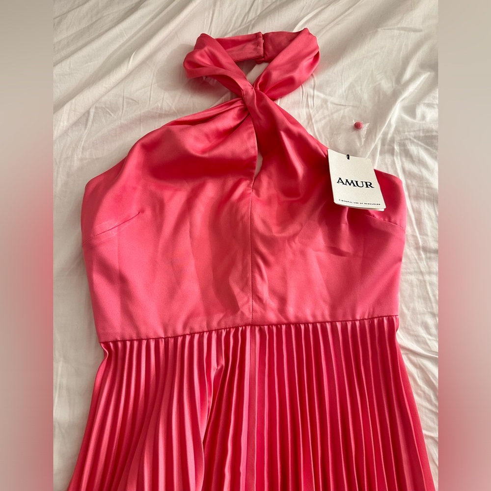 AMUR Kaleb Twist Halter Pleated Midi Dress in Hot pink - Picture 7 of 9